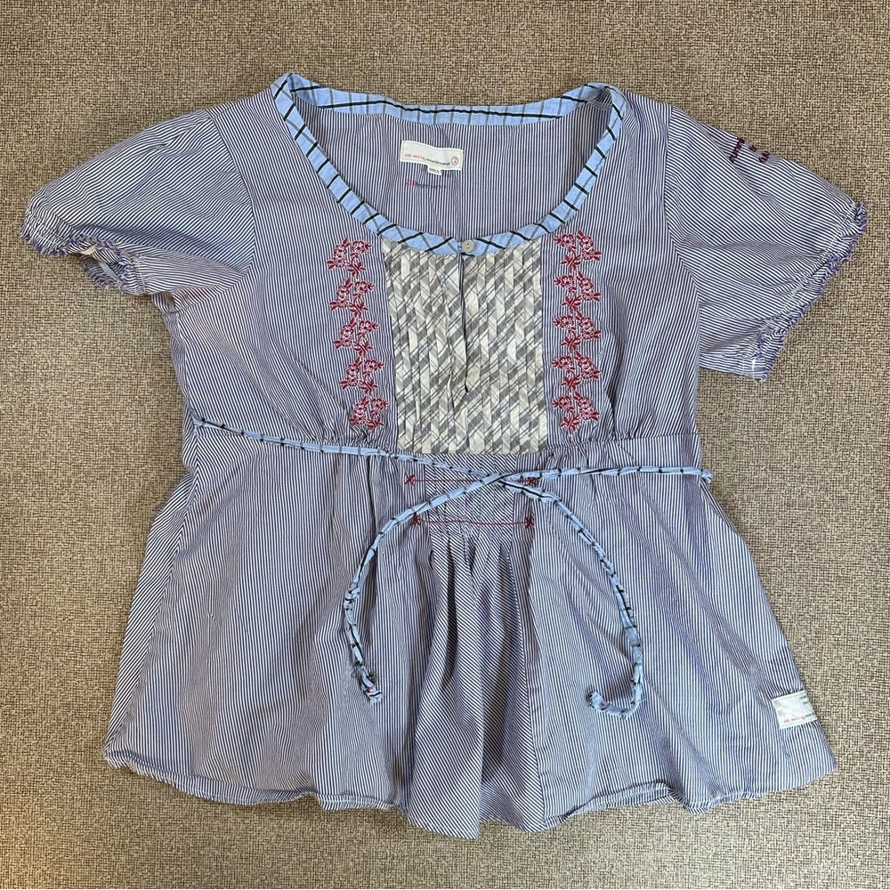 Odd Molly Boho Tunic Dress Floral Embroidery Wide Sleeves Pleated Waist Tie Sz 2